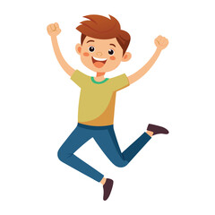 Happy boy jumping up in air. Excited joyful teenager celebrating, flying in air in dynamic energetic emotional pose with fists, arms gesture. Flat vector illustration isolated on white background