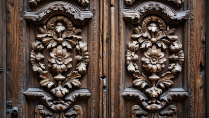 Wooden door with intricate floral carvings ornate detailing in antique style craftsmanship close-up perspective