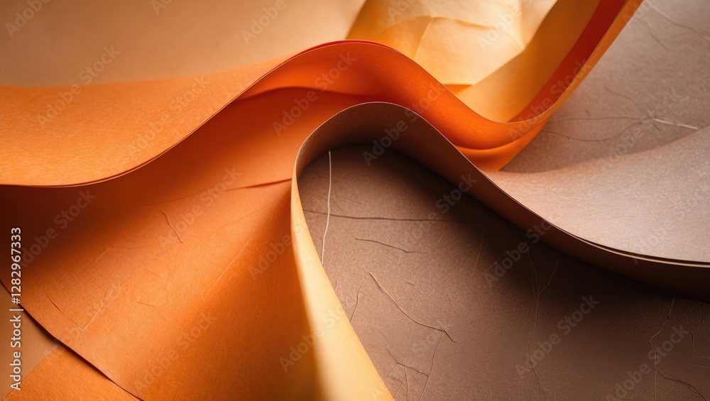 Wall mural curved and layered sheets of textured colored paper in warm tones of orange and brown creating an ab