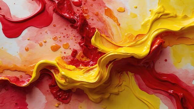 Vibrant abstract paint texture with flowing red and yellow colors creating dynamic patterns and droplets on a white background