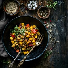 Bowl of plant-based food on a table with a spoon and a magazine featuring healthy meals and recipes