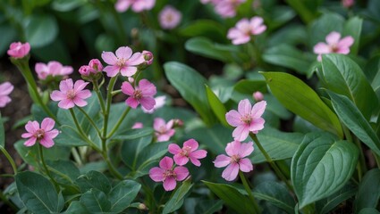 Naklejka premium pink wildflowers with green leaves in a natural outdoor setting during daylight and slight shadows