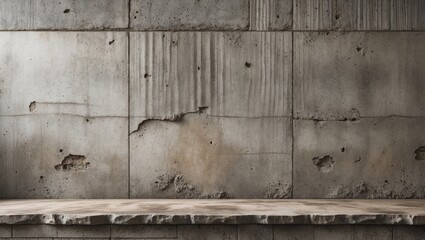 Concrete wall texture with rough weathered surface and wooden shelf in interior setting
