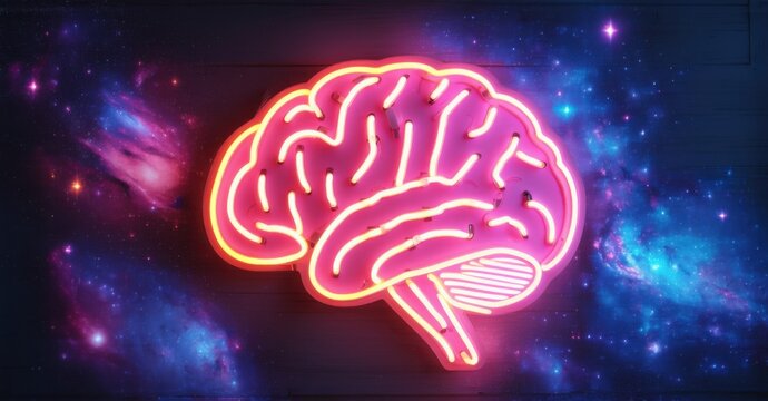 Neon brain sign glowing in pink and yellow, mounted on a cosmic background with vibrant galaxies and deep blue stars. Illuminated lines highlight intricate neural patterns