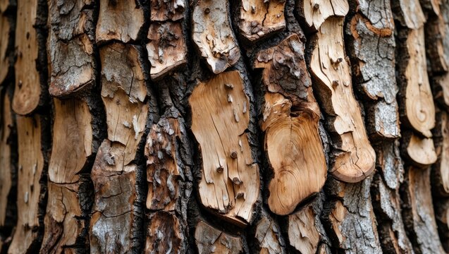 Textured close-up of an old tree bark showcasing various shades and patterns of wood and bark with natural imperfections.