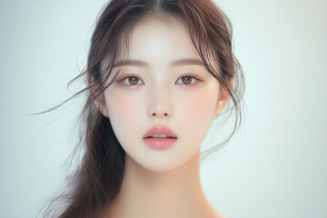 美肌の若くて可愛いアジア女性モデルの美容ポートレート｜風で髪が靡いて柔らかい雰囲気の正面撮影