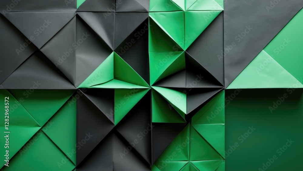 Poster green and black paper triangles arranged in a geometric pattern creating a textured backdrop for des