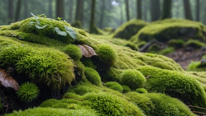 Moss covered rocks and ground in a lush forest setting with soft lighting and greenery in the background