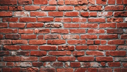 Obraz premium Red brick wall texture with uneven surface and various shades, suitable for background or architectural design elements.