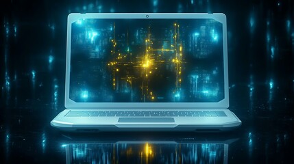 A high-tech laptop displaying a digital network glowing with futuristic elements symbolizing cybersecurity innovation and data analytics perfect for modern business and AI-powered security