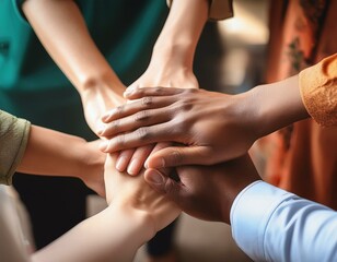 group of hands on top of each other showing teamwork and collaboration