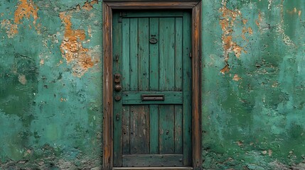 Rustic Green Wooden Door with Weathered Wall Texture Background