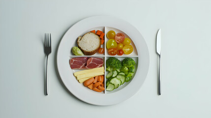 Sectioned Plate of Balanced Healthy Food Arrangement with Various Vegetables and Fruits