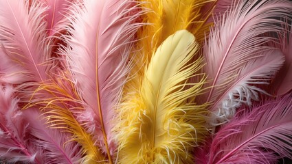 Fototapeta premium Colorful decorative feathers in shades of pink and yellow arranged artistically on a dark background