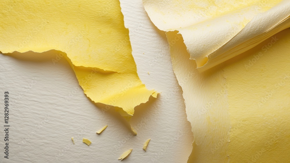 Poster textured layers of yellow paper with torn edges arranged on a white surface creating an abstract bac