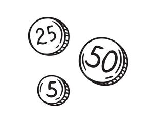 5, 25 and 50 coins money doodle hand drawn icon. Outline drawing 5, 25 and 50 coins line clipart symbol