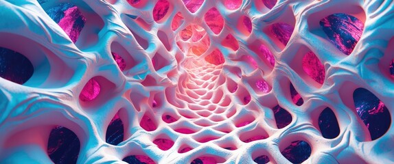 Abstract 3D tunnel structure with intricate mesh patterns in vibrant pink and blue colors illuminated by soft light
