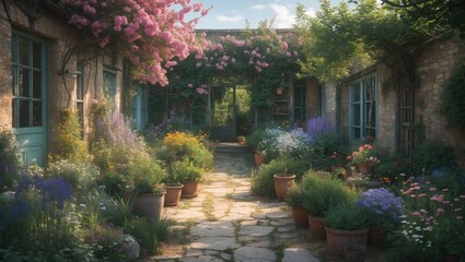 Fototapeta premium charming garden courtyard adorned with blooming flowers and lush greenery in rustic setting with stone pathway and pots