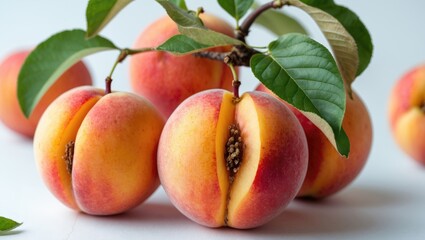 Fresh ripe peaches with green leaves arranged on a light background showcasing their colors and textures.