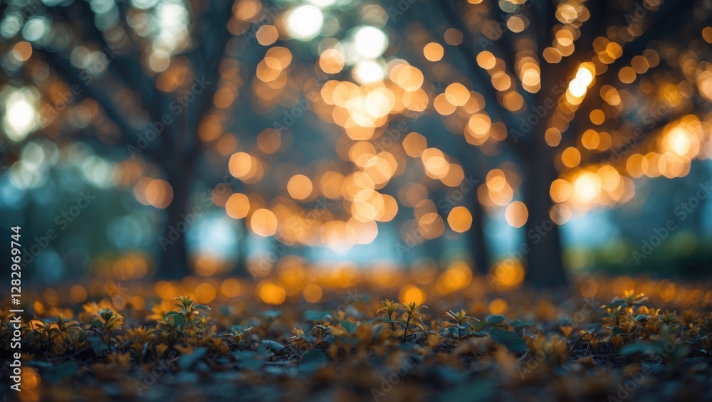 Wall mural bokeh effect of autumn leaves on ground with blurred trees and warm glowing lights in background dur