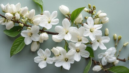 Fototapeta premium White flowering branch with delicate petals and green leaves on a soft pastel background