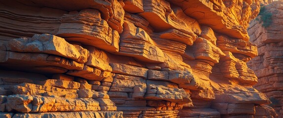 Stratified rock formation illuminated by golden hour sunlight revealing intricate textures and layers in natural setting