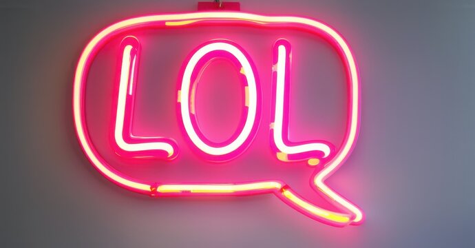 LOL neon sign in glowing pink with a bold speech bubble outline, mounted on a smooth wall, creating a playful and energetic ambiance with vibrant illumination and reflections - Powered by Adobe