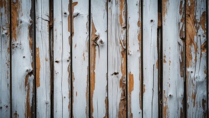 Weathered wooden planks with peeling white paint and natural wood texture background