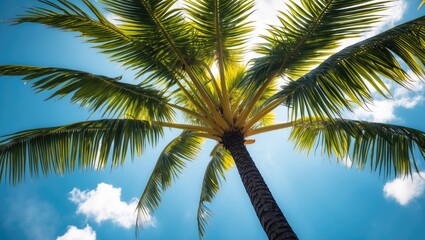 Fototapeta premium Palm tree against a bright blue sky with white clouds viewed from below highlighting the texture of the leaves and trunk