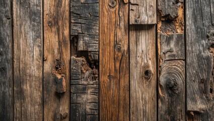 Naklejka premium Old weathered wooden planks with various textures and colors arranged in a rustic background pattern