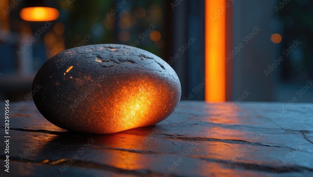 Canvas Prints illuminated decorative stone resting on a textured surface with warm light effects and blurred backg