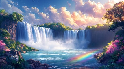 A serene anime-style depiction of Niagara Falls, cascading waters sparkling in sunlight, colorful rainbow mist rising in a dreamy ambiance,