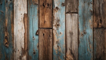 Naklejka premium Textured wooden surface with a mix of brown and blue paint on planks arranged in a rustic pattern background