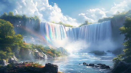 Fototapeta premium A serene anime-style depiction of Niagara Falls, cascading waters sparkling in sunlight, colorful rainbow mist rising in a dreamy ambiance,