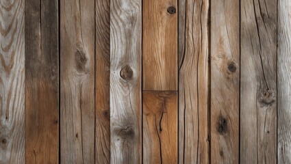 Fototapeta premium Wooden texture background with various shades of brown and gray planks arranged vertically, showcasing natural grain and knots