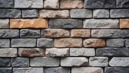 Fototapeta premium Textured stone wall with a mix of gray and beige bricks in varying shapes and sizes, creating a natural patterned surface