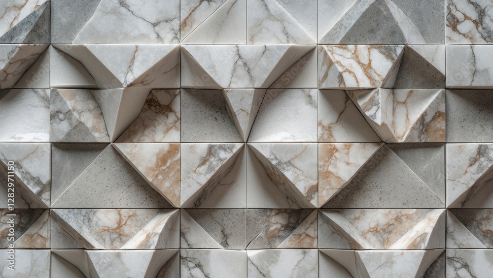 Canvas Prints marble wall tiles with a three-dimensional geometric pattern in shades of grey and cream showcasing 