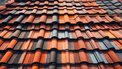 textured close-up of traditional clay roof tiles in various shades of red and brown arranged in a repeating pattern
