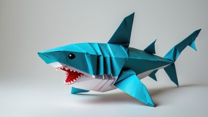 Colorful origami shark model made from paper with sharp teeth and distinct fins in a neutral background setting