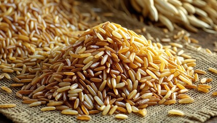Obraz premium Brown rice grains piled on burlap surface with scattered grains, natural texture and farm background, healthy food and nutrition concept.