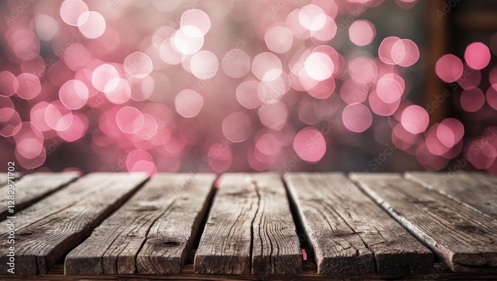 Canvas Prints wooden tabletop with blurred pink bokeh background for photography or design use