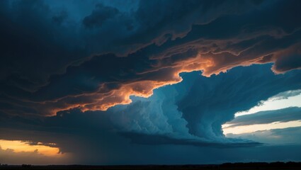 Dramatic cloud formations at sunset with deep blues and hints of orange light in the sky over a landscape scene