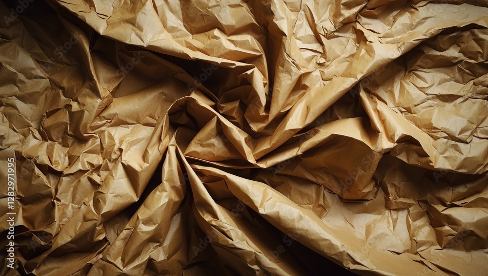 Poster crumpled brown paper texture background with intricate folds and shadows creating depth in a close-u