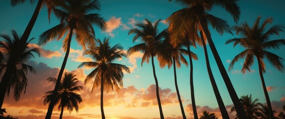 Obraz premium tropical sunset landscape with silhouette of palm trees against colorful sky and cloud formations at dusk