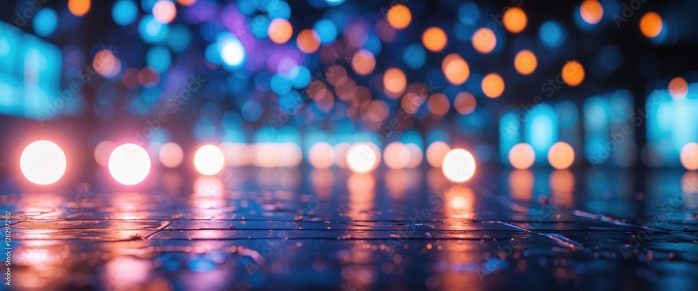 Wall mural abstract bokeh lights with warm and cool colors reflecting on a wet surface captured in a low angle 