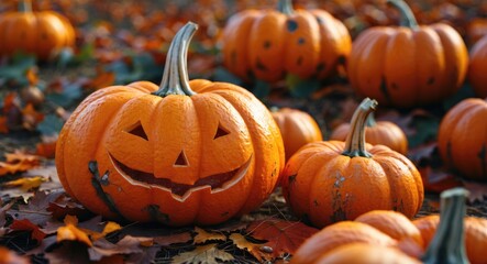 Fototapeta premium Carved Halloween pumpkins in a field surrounded by autumn leaves on a sunny day