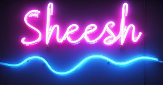 Sheesh neon sign in vibrant pink, paired with a glowing blue wave effect. The dynamic illumination enhances the playful and expressive vibe, making a bold visual statement