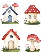 Fairy Tale Cottage Mushroom Art Whimsical mushroom houses in a cute style.
