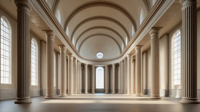 A legislative hall with massive stone pillars and high vaulted ceilings. Featuring power and dignity