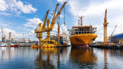 Fototapeta premium Cargo ship being loaded in harbor under sunny sky. Possible use Stock photo for maritime industry